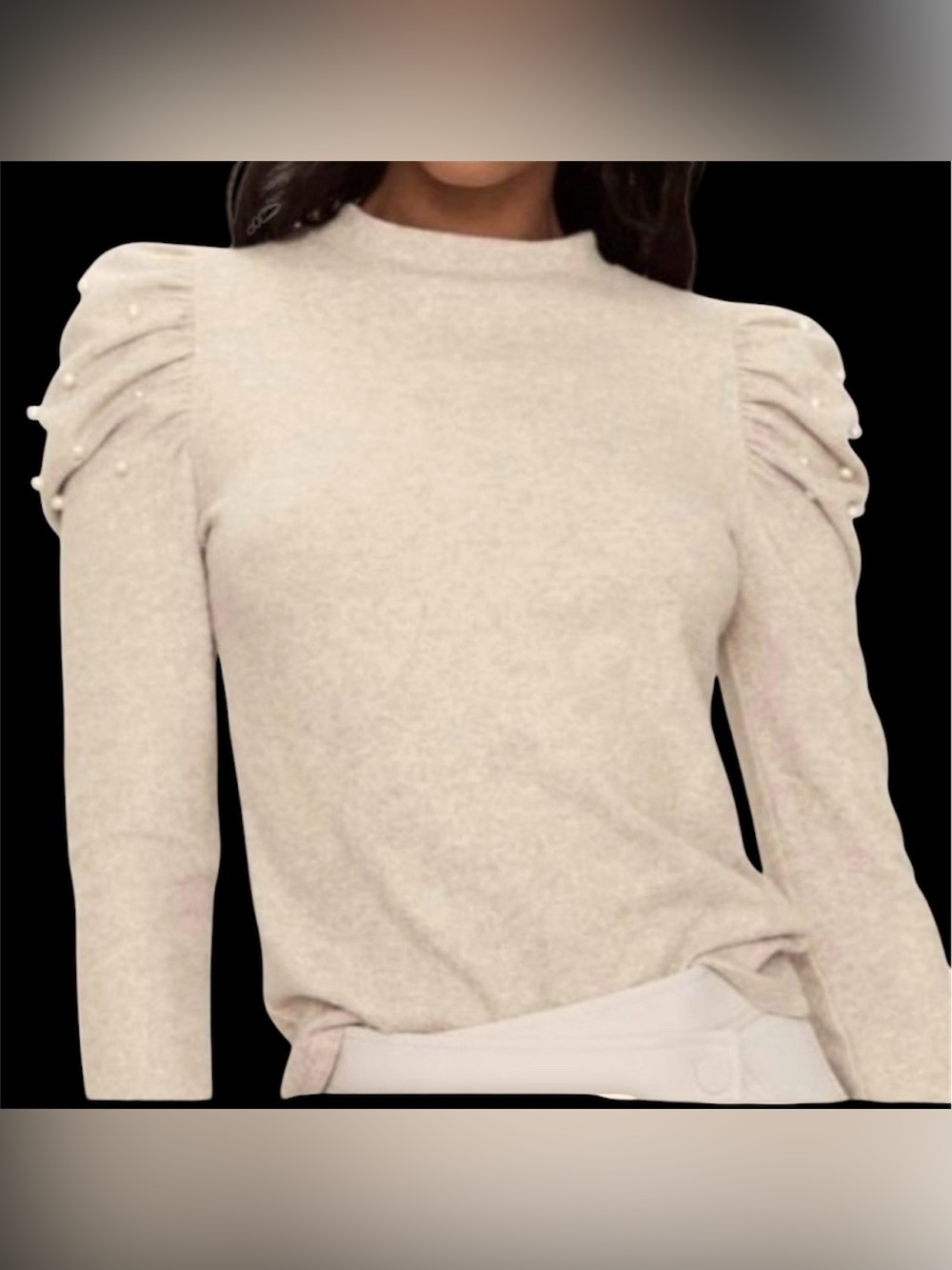 Zara puff sleeves sweater adorned with pearls. Crew neck. Oat color. Size M